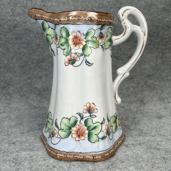 ANTIQ NIPPON Hand Painted Pitcher 7.5" Floral/Raised Beaded Detail 1920s Japan - Picture 3 of 12